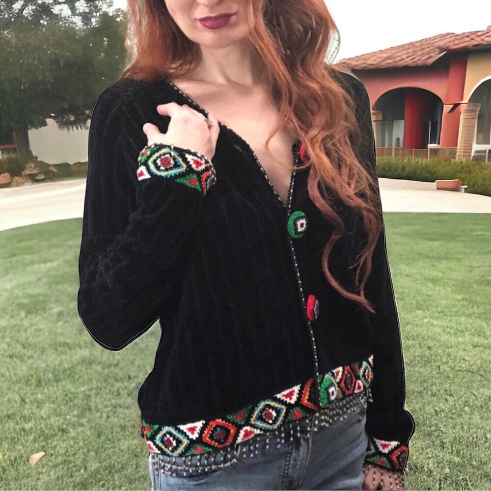 Berek Takako Sakon Beaded‎ Chenille Cardigan Sweater M Boho Southwestern Tassel
